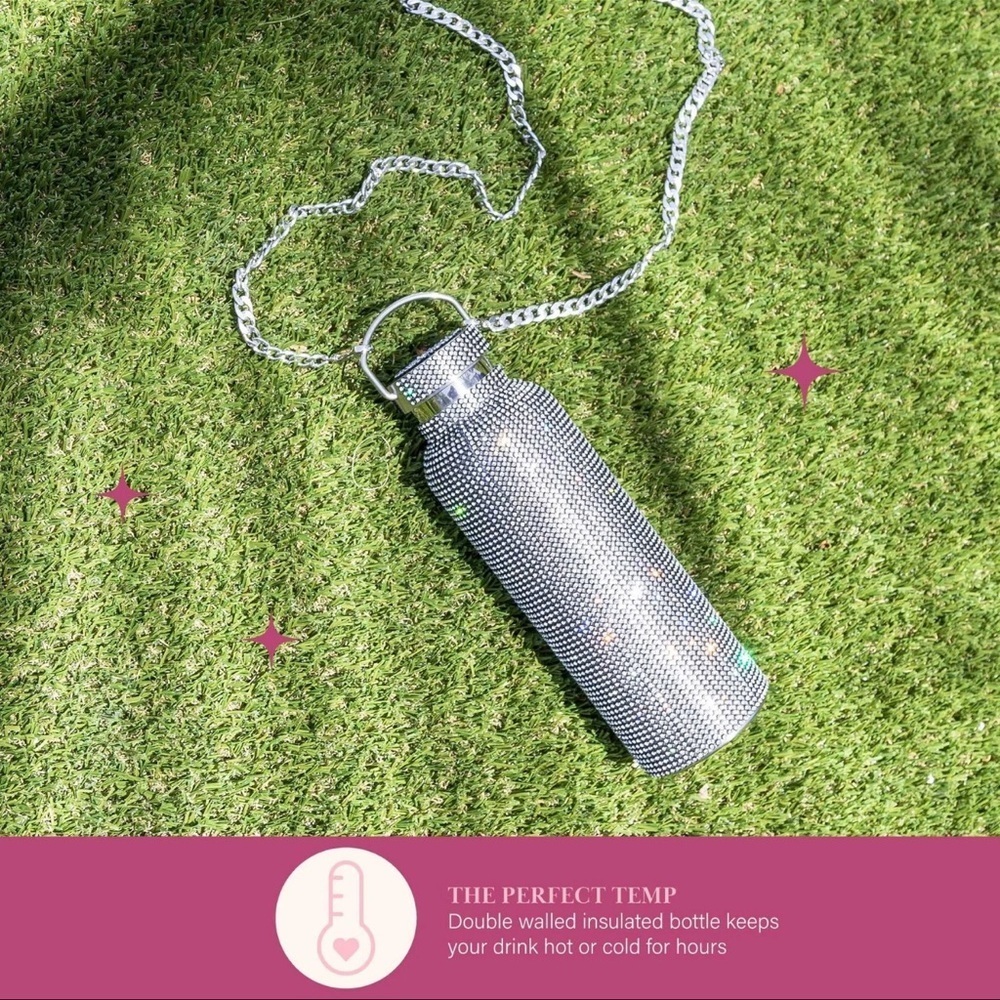 Paris Hilton Rhinestone Stainless Steel Insulated Bottle With Silver Chain Strap